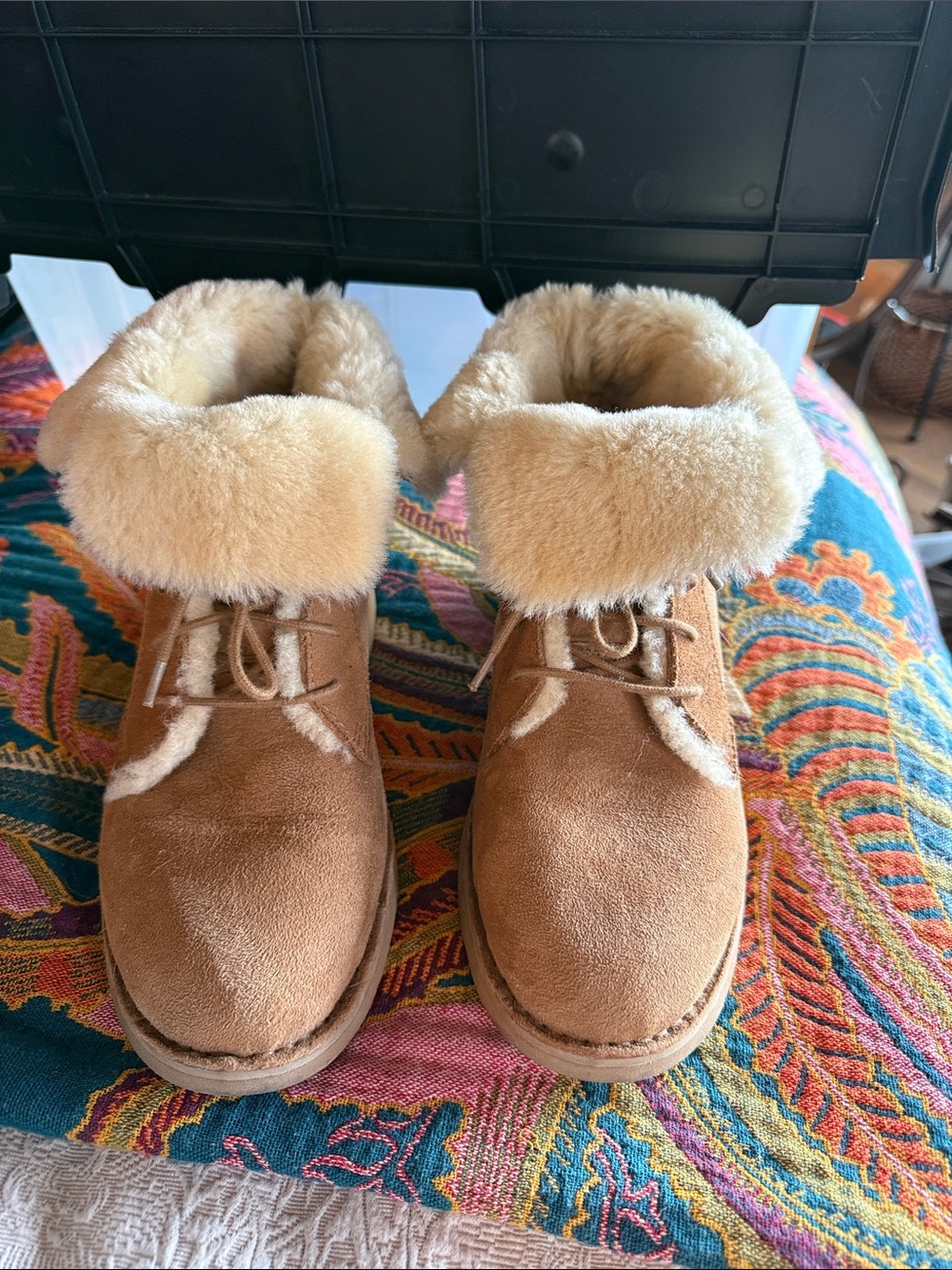 UGG Chestnut Suede Shearling Cuff Lace-Up Ankle Boots
